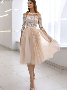 Champagne Tea-Length Wedding Dresses For Women Short Lace Appliques Bride Gowns Custom Made  illusion Tulle Princess  Dresses