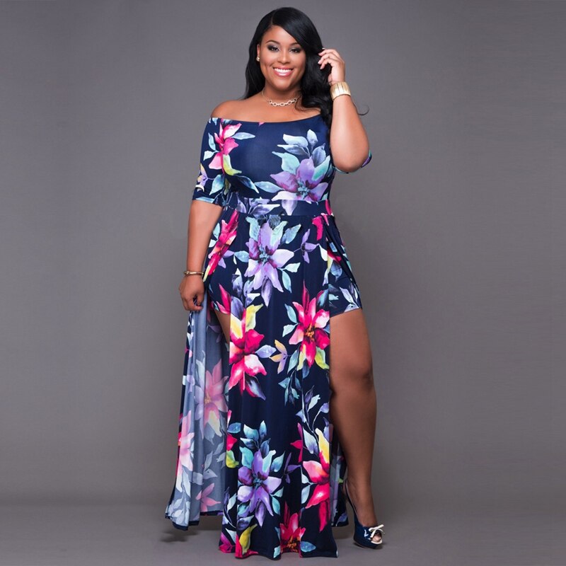 New plus size dress 6XL-9XL bust 148CM women's sexy one-shoulder split short sleeve digital printing one-piece plus size dress