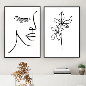Wall Art Line Drawing Girl Print Minimalist Simple Fashion Poster Women Flower Leaf Hand Body Sketch Black White Canvas Painting