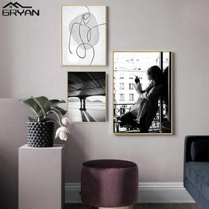 Nordic Black White Retro Fashion Women Wall Art Canvas Poster Abstract Kiss Matisse Line Print Painting Botanical Leaves Picture 1