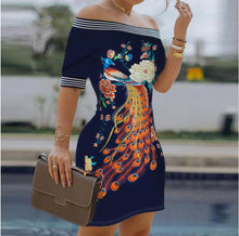 Load image into Gallery viewer, Women Elegant Peacock Print Off Shoulder Dress Sexy One Word Collar Short Sleeve Party Dress Office Lady Plus Size Mini Dresses