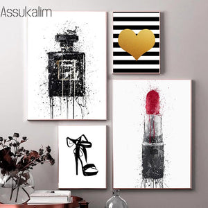 Abstract Fashion Wall Art Painting Sexy Line Woman Wall Print High Heels Lipstick Perfume Prints Nordic Wall Pictures Home Decor