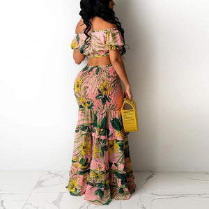 Floral Printed Dress Suits Off Shoulder Tube Top & Maxi Skirt Set