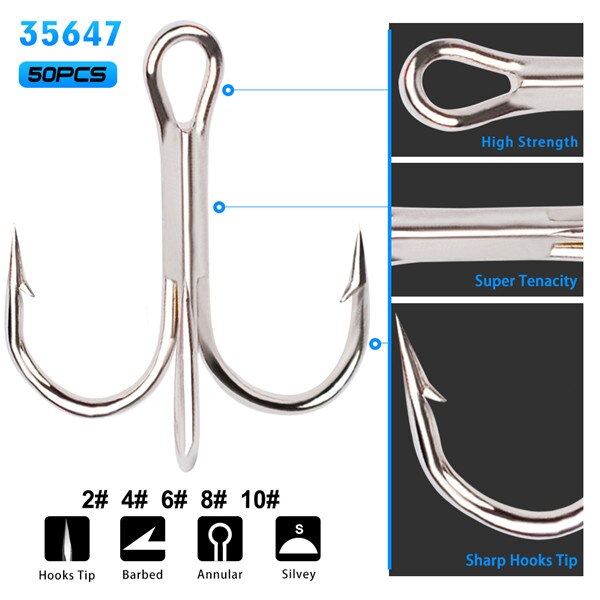 50Pcs/lot  Fishing Treble Hook Size 2/4/6/8/10/12/14 High Carbon Steel Sharp Barbed Black/Brown/White