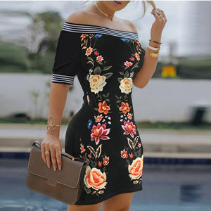 Women Elegant Peacock Print Off Shoulder Dress Sexy One Word Collar Short Sleeve Party Dress Office Lady Plus Size Mini Dresses