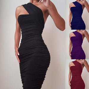 Sexy Slim Fit Plus Size Female Tight Dress 2021 Women Ladies Fashion One Shoulder Sleeveless Solid Color Party Bodycon Dress