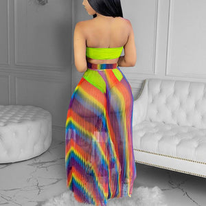 Two Piece Summer Beach Suits Tube Top & See Through Maxi Skirt Set