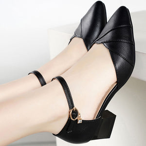 Soft Leather Med Heels Pumps Women Shoes Summer Shoes Women Fashion Pointed Toe Buckle Strap Square Heel Sandals Women