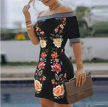 Load image into Gallery viewer, Women Elegant Peacock Print Off Shoulder Dress Sexy One Word Collar Short Sleeve Party Dress Office Lady Plus Size Mini Dresses
