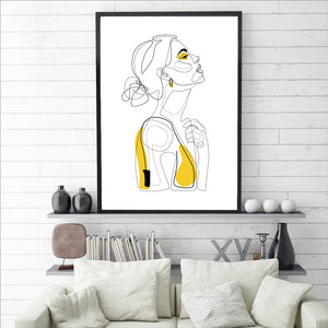 Abstract Line Prints Drawn Female Portrait Poster Yellow Fashion Sketch Canvas Painting Minimalist Woman Art Decor Wall Picture