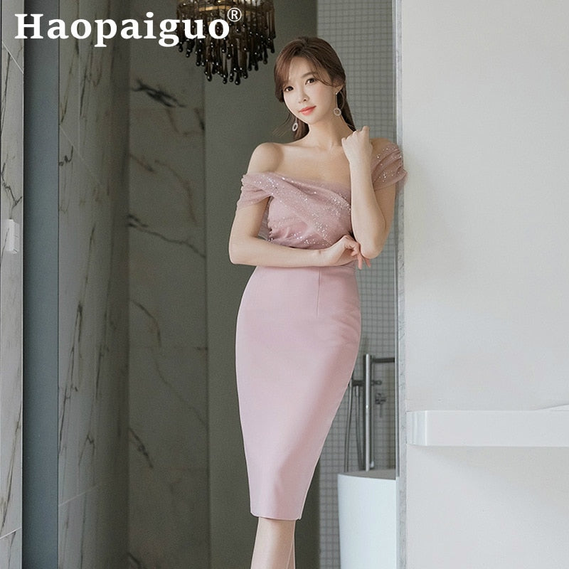 Plus Size Pink Evening Party Dress Summer Off-shoulder Bodycon Wrap Dress Women Backless Short Sleeve Mesh Patchwork Midi Dress