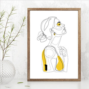 Abstract Line Prints Drawn Female Portrait Poster Yellow Fashion Sketch Canvas Painting Minimalist Woman Art Decor Wall Picture