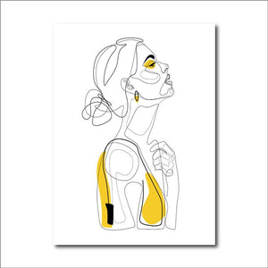 Abstract Line Prints Drawn Female Portrait Poster Yellow Fashion Sketch Canvas Painting Minimalist Woman Art Decor Wall Picture