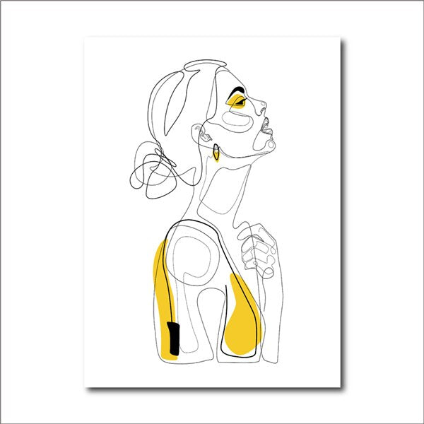 Abstract Line Prints Drawn Female Portrait Poster Yellow Fashion Sketch Canvas Painting Minimalist Woman Art Decor Wall Picture