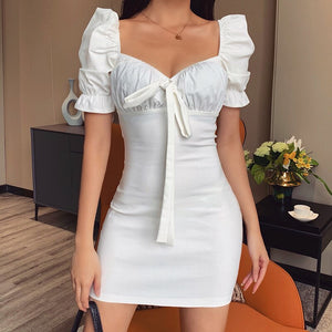 Women's French Vintage Solid Short Sleeve Puff Sleeve Square Neck Short Dresses