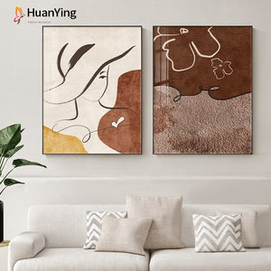 Minimalist Wall Pictures Line Woman Face Canvas Painting Abstract Brown Poster and Prints Fashion Living Room Bedroom Decoration