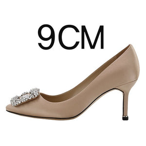 New Shallow Mouth High Heels Female Pointed Square Buckle Rhinestone Stiletto Spring and Autumn Single Shoes Wedding Shoes 1