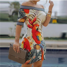 Load image into Gallery viewer, Women Elegant Peacock Print Off Shoulder Dress Sexy One Word Collar Short Sleeve Party Dress Office Lady Plus Size Mini Dresses