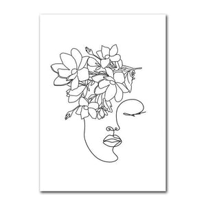 Wall Art Line Drawing Girl Print Minimalist Simple Fashion Poster Women Flower Leaf Body Sketch Black White Canvas Painting