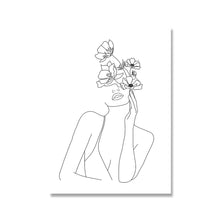 Load image into Gallery viewer, Wall Art Line Drawing Girl Print Minimalist Simple Fashion Poster Women Flower Leaf Hand Body Sketch Black White Canvas Painting