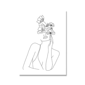 Wall Art Line Drawing Girl Print Minimalist Simple Fashion Poster Women Flower Leaf Hand Body Sketch Black White Canvas Painting