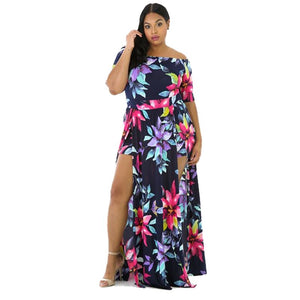 New plus size dress 6XL-9XL bust 148CM women's sexy one-shoulder split short sleeve digital printing one-piece plus size dress