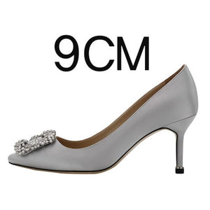 New Shallow Mouth High Heels Female Pointed Square Buckle Rhinestone Stiletto Spring and Autumn Single Shoes Wedding Shoes 1