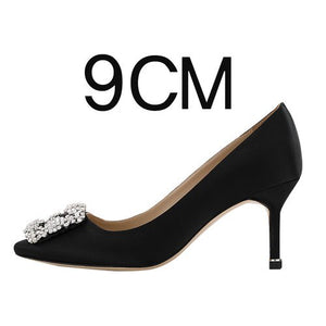 New Shallow Mouth High Heels Female Pointed Square Buckle Rhinestone Stiletto Spring and Autumn Single Shoes Wedding Shoes 1