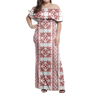 Polynesian Tribal Red Gray Lines Printed Women Elegant One Shoulder Dress New Summer Plus Size Ruffle Long Dresses Clothing 1