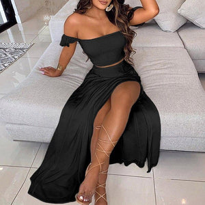 Long Dress Sets Off Shoulder Tops And Split Skirt Suit