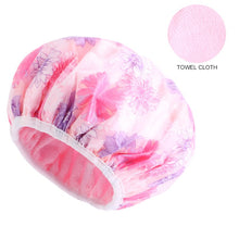 Load image into Gallery viewer, Reusable Floral Pattern Waterproof Shower Cap Terry Lined Double Layer Headcover Dry Hair Spa Salon Bath Cap Bathroom Supplies