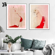 Load image into Gallery viewer, Abstract Woman Portrait Canvas Painting Line Wall Art Posters and Prints Fashion Woman Red High-Heeled Shoes Home Decoration