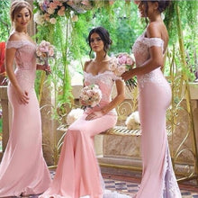 Load image into Gallery viewer, Pink Lace Applique Sexy Mermaid Long Bridesmaid Dresses 2021 hot Maid Of Honor For Wedding Party With Train plus size maxi 2-26w 1