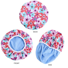Load image into Gallery viewer, Reusable Floral Pattern Waterproof Shower Cap Terry Lined Double Layer Headcover Dry Hair Spa Salon Bath Cap Bathroom Supplies