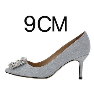 New Shallow Mouth High Heels Female Pointed Square Buckle Rhinestone Stiletto Spring and Autumn Single Shoes Wedding Shoes 1
