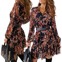 Load image into Gallery viewer, Women’s Fashion Long Sleeve Dress Vintage Flower Tie-up V-neck High Waist Ruffles Mini Dress Ladies Casual A-Line Dress