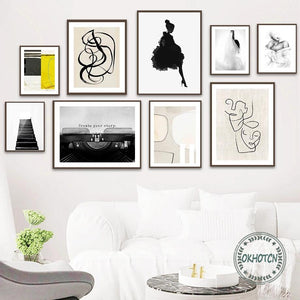 Retro Abstract Line Drawing Canvas Painting Fashion Women Posters and Prints Wall Art Geometric Block Pictures for Living Room 1