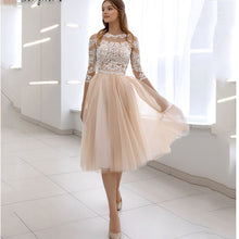 Load image into Gallery viewer, Champagne Tea-Length Wedding Dresses For Women Short Lace Appliques Bride Gowns Custom Made  illusion Tulle Princess  Dresses