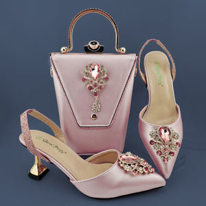 QSGFC 2022 Newest Noble and Elegant Classic vintage rhinestone accessories Ladies Shoes and Bag Set in Gold Color