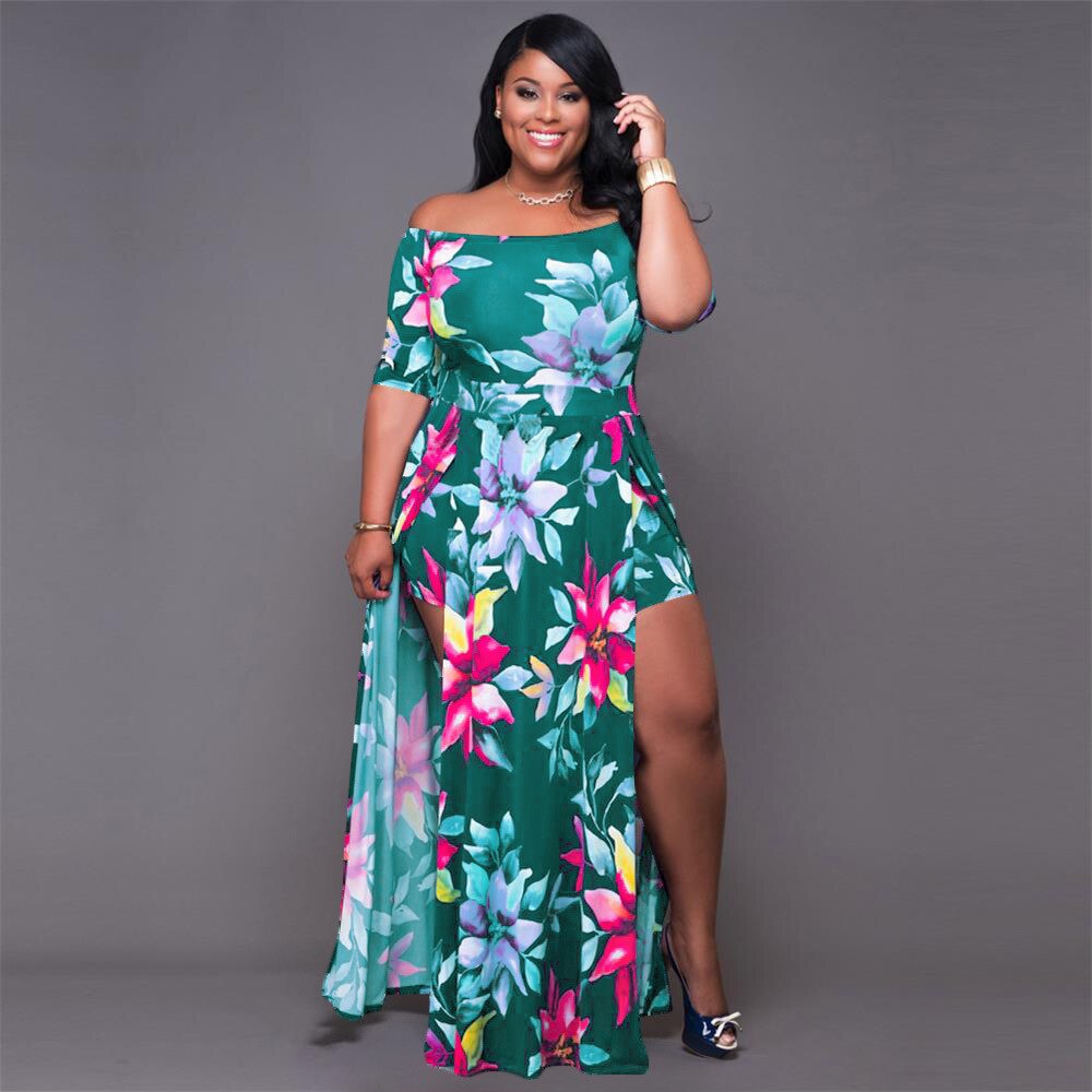European and American Plus Size Women's Digital Printing One-Piece Split European and American Dress