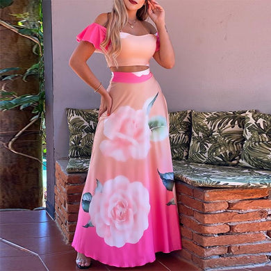Floral Printed Two Piece Elegant Dress Suits Off Shoulder Crop Top &