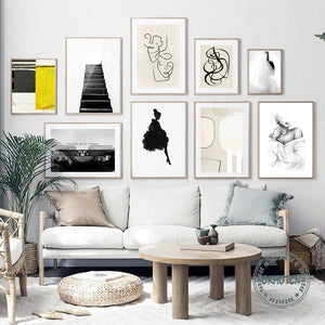 Retro Abstract Line Drawing Canvas Painting Fashion Women Posters and Prints Wall Art Geometric Block Pictures for Living Room 1