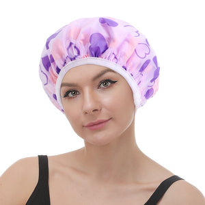 Reusable Floral Pattern Waterproof Shower Cap Terry Lined Double Layer Headcover Dry Hair Spa Salon Bath Cap Bathroom Supplies