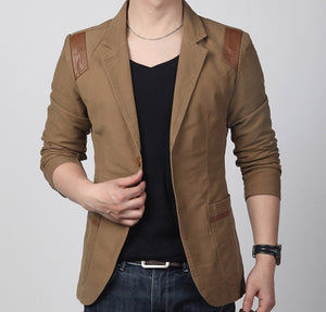 Hot! New Fashion Spring and autumn men's clothing Casual Slim Fit Blazer Leather Patchwork Plus Size Suits Jacket Men Outwear