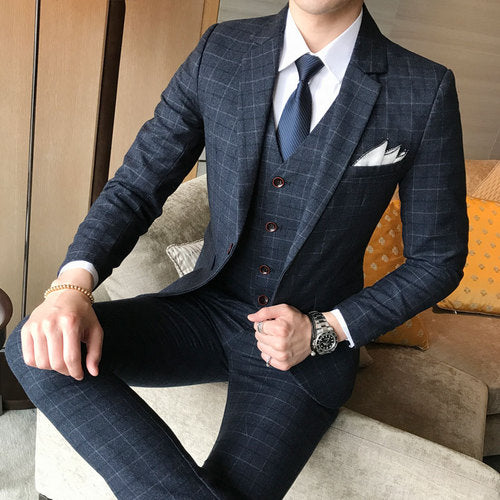 New Men's Fashion Boutique Plaid Wedding Dress Suit