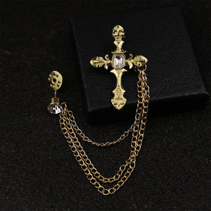 Men's Rhinestone Cross Chain Brooch Lapel Pin Shirt Suit Wedding Accessory Gift #Y51#