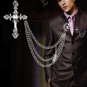 Men's Rhinestone Cross Chain Brooch Lapel Pin Shirt Suit Wedding Accessory Gift #Y51#