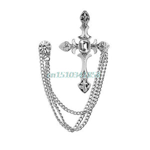 Men's Rhinestone Cross Chain Brooch Lapel Pin Shirt Suit Wedding Accessory Gift #Y51#