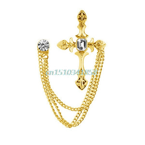 Men's Rhinestone Cross Chain Brooch Lapel Pin Shirt Suit Wedding Accessory Gift #Y51#