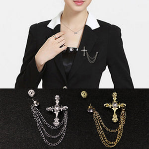 Men's Rhinestone Cross Chain Brooch Lapel Pin Shirt Suit Wedding Accessory Gift #Y51#